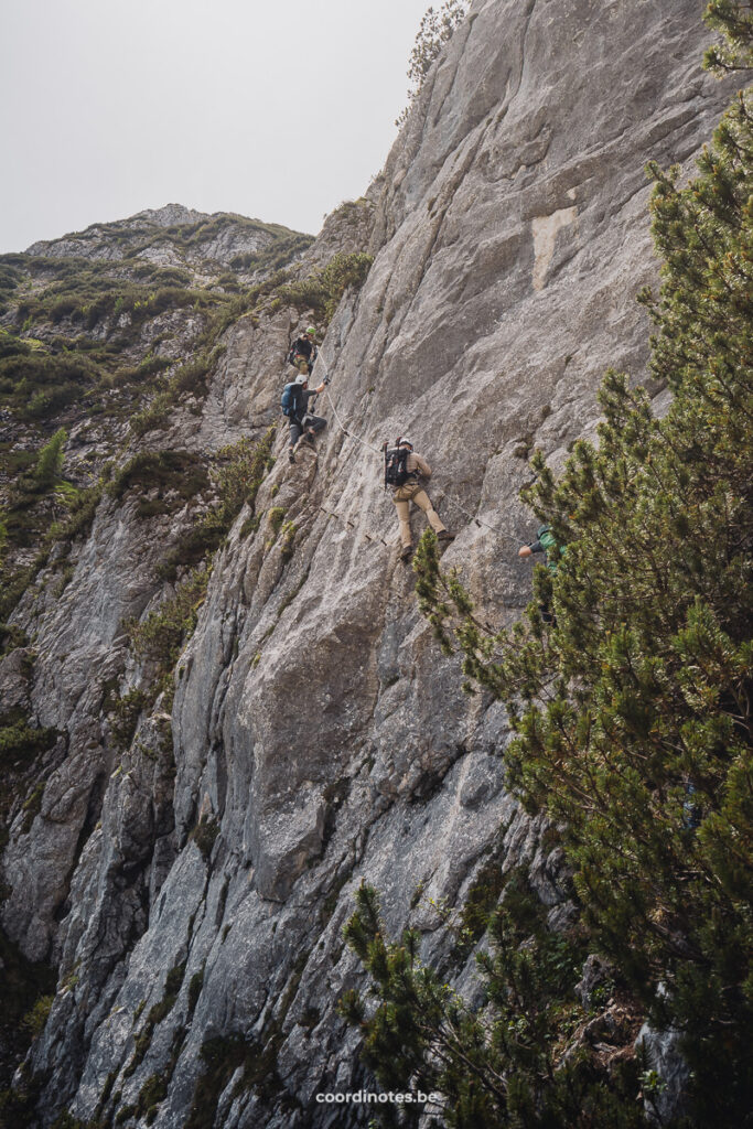 Climbers climbing up a vertical stone wall