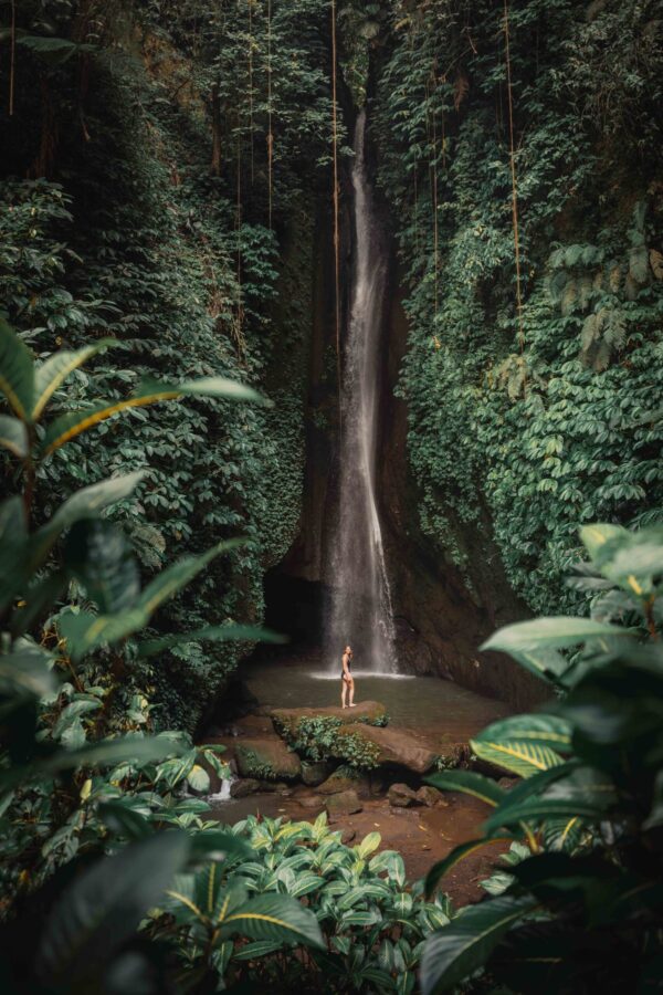 Sarah in front of the Leke Leke waterfall in Bali