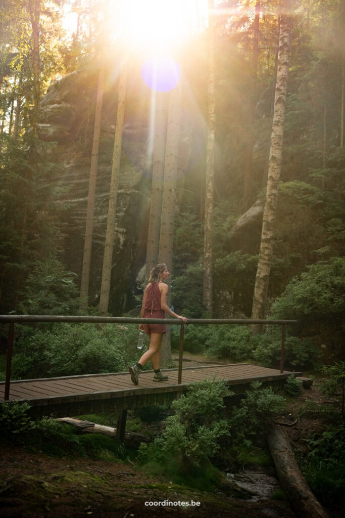 Woman in a red outfit walks across a wooden bridge in a sunlit forest.