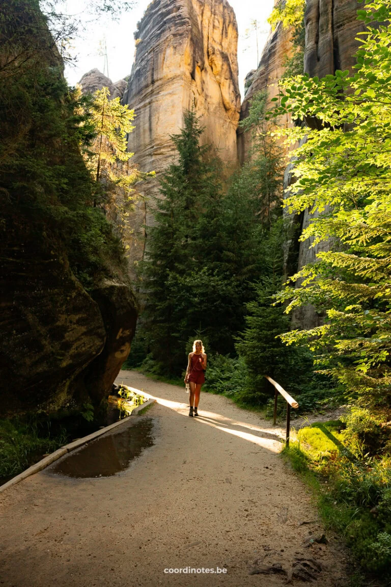 A woman in a red dress and boots walks along a sandy trail between tall canyon cliffs and green trees.