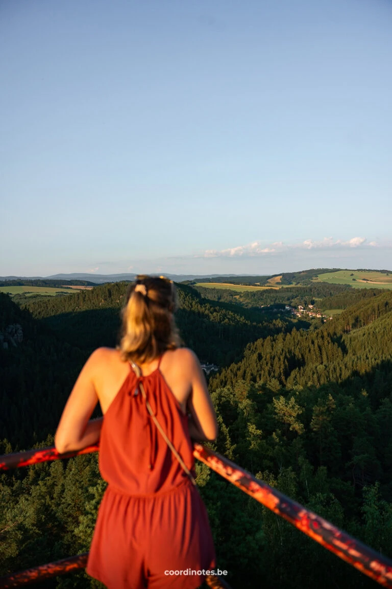 Woman in a rust-red halter dress stands with her back to the camera, leaning on a red railing and overlooking a forested valley at sunset.