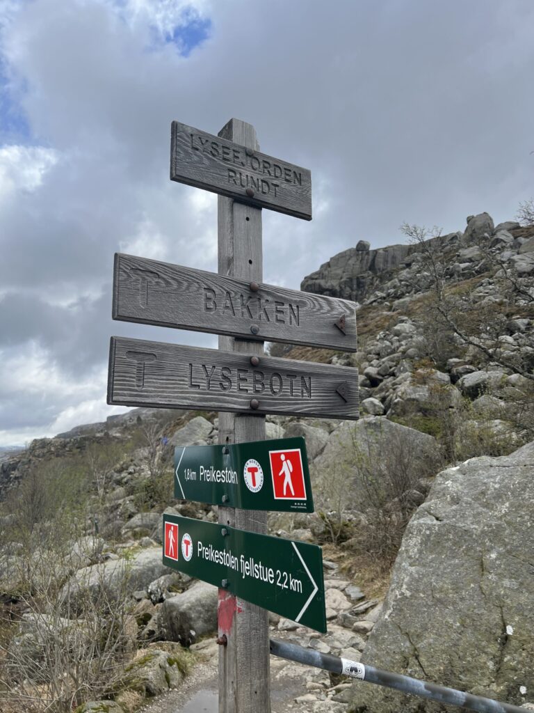 Signposts on the hike to Preikestolen, Norway