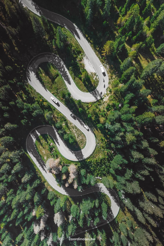 Het bovenaanzicht van de kronkelende Passo Giau weg tussen de dennenbomen in de Dolomieten