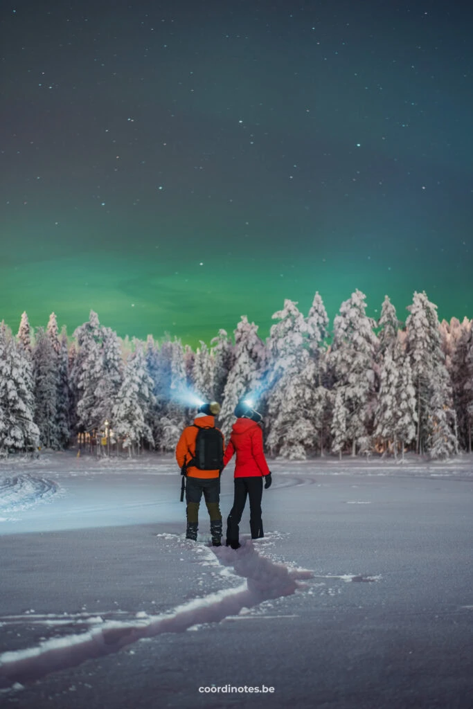 Sarah and Cédric standing in the snow watching up at the sky with a torch on their heads. In the background you see trees covered in snow and the green northern lights in the sky.