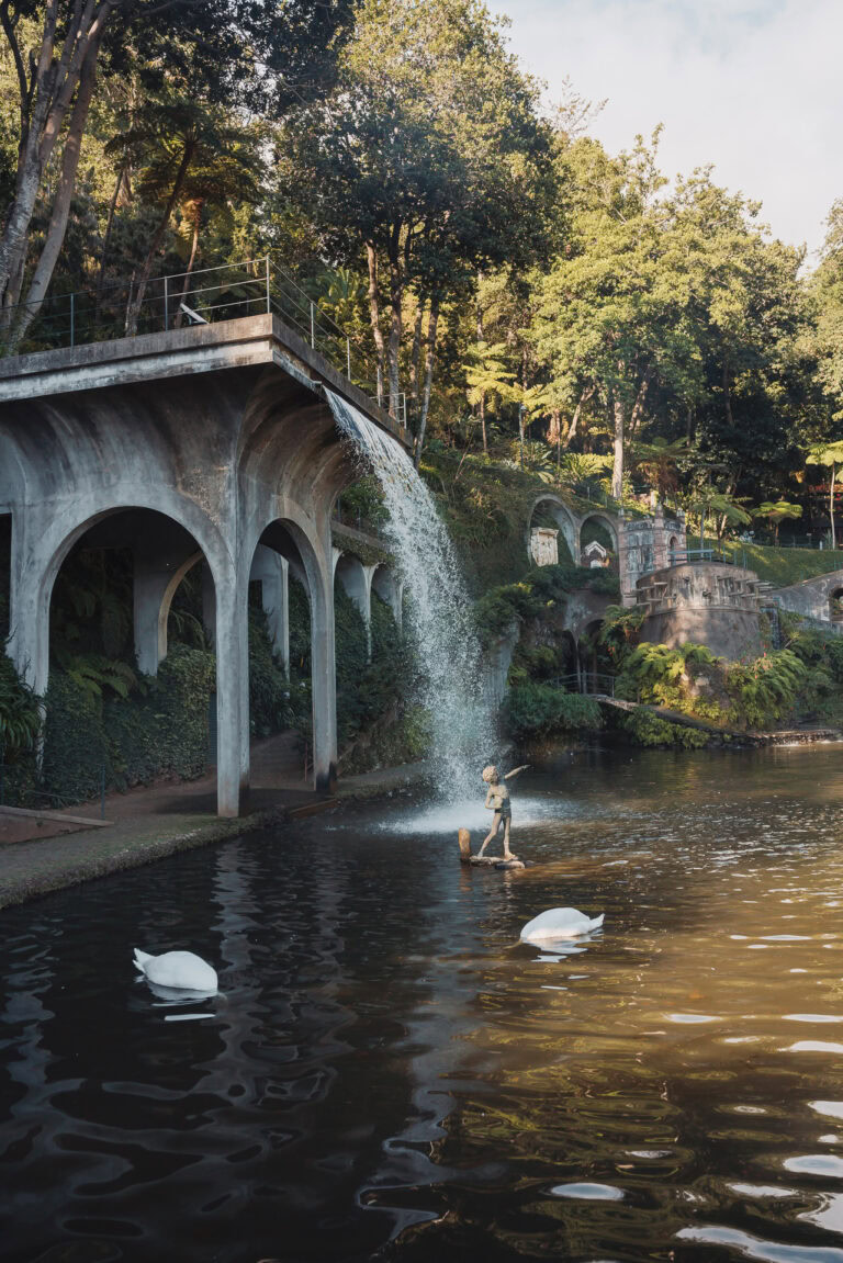 A waterfall tumbling down a concrete construction in the Monte Palace Garden into a lake underneath., surrounded by green plants and trees. In the lake, you see a little statue of a little boy and 2 swans.