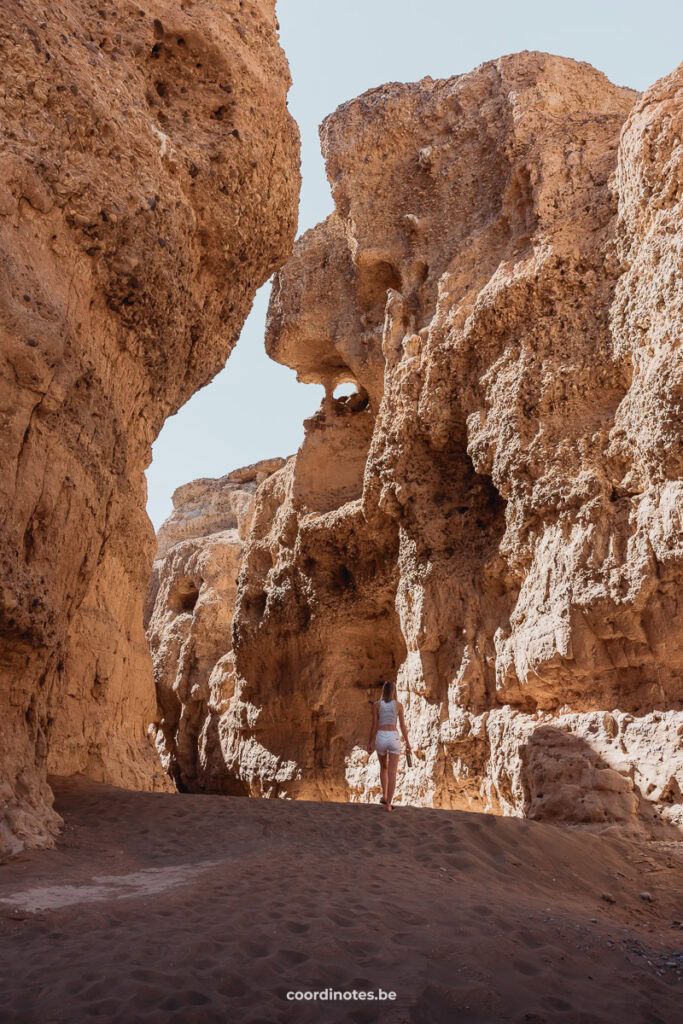 Sarah walking in Sesriem Canyon, a big canyon between two rough cliffs.