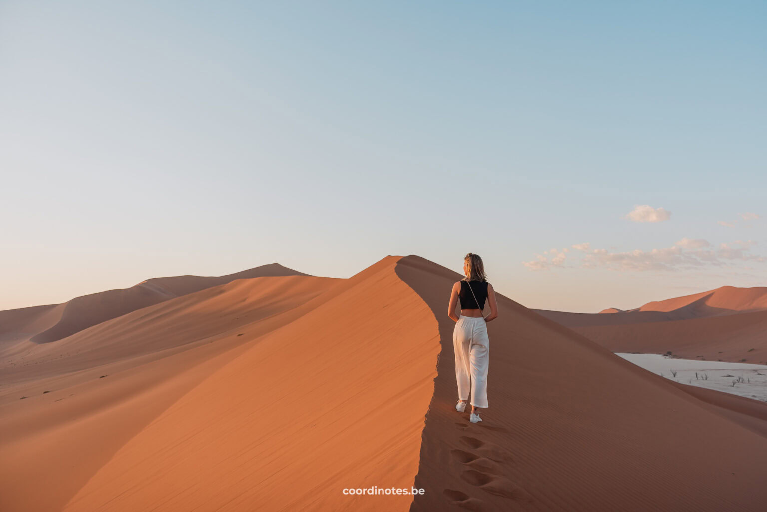 Sarah walking on top of a big sand dune during sunrise in Sossusvlei. The left side is illuminated by the sun while the right side is in shade. In the background you see more sand dunes.