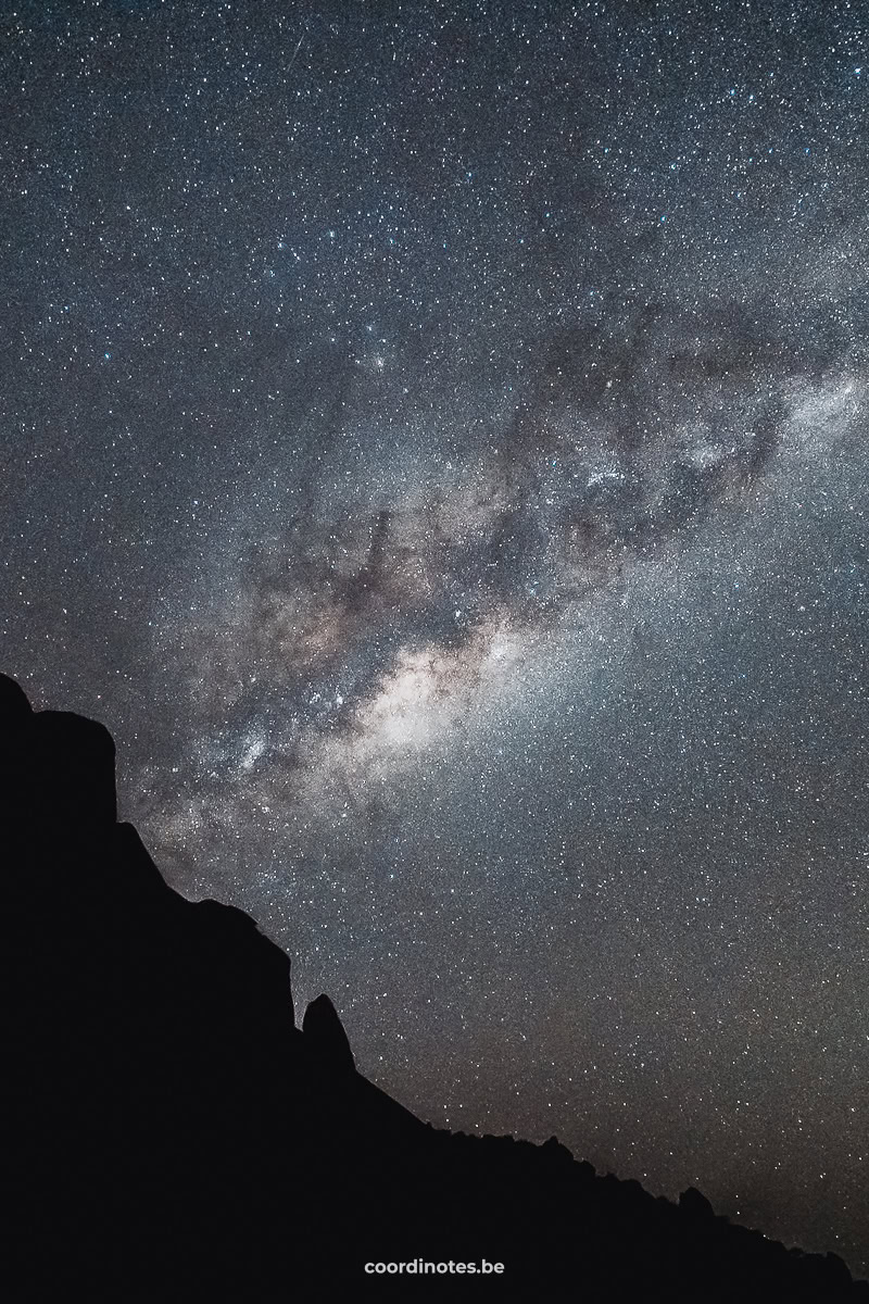 The Milky Way and thousand of stars in a dark sky with the silhouette of a mountain in the bottom left corner