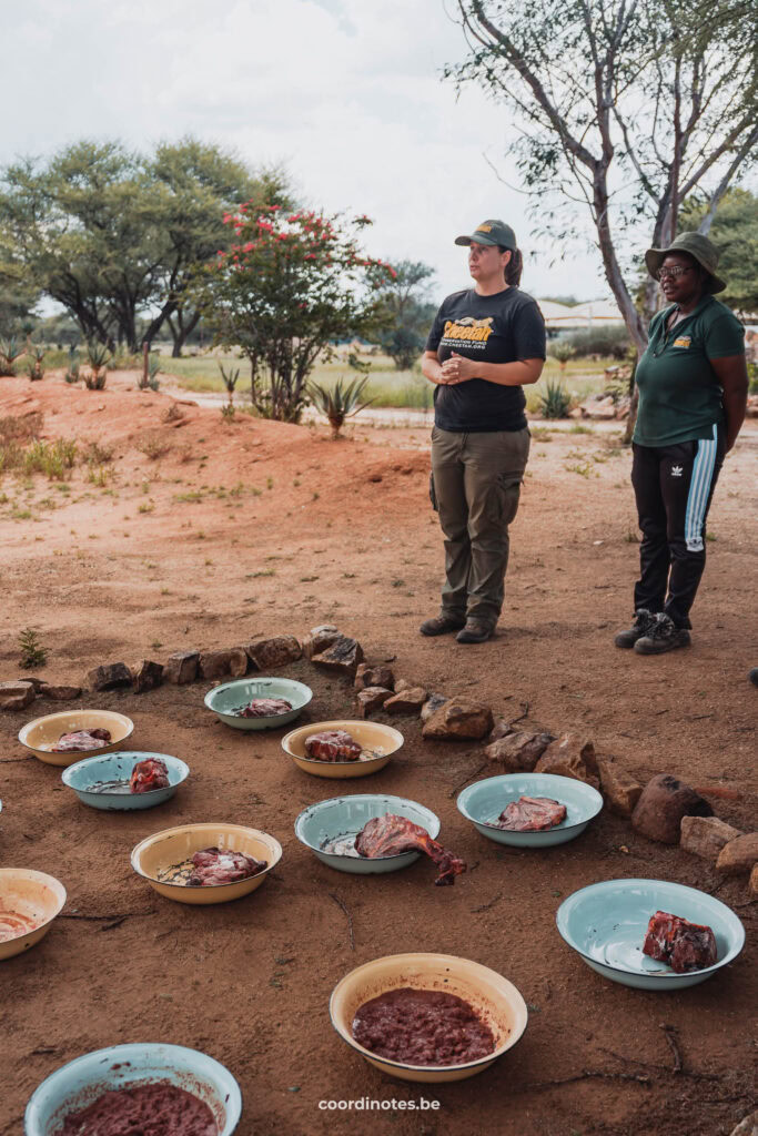 Two woman standing next a multiple bowls with a peace of meat. In the background you see some trees and bushes.