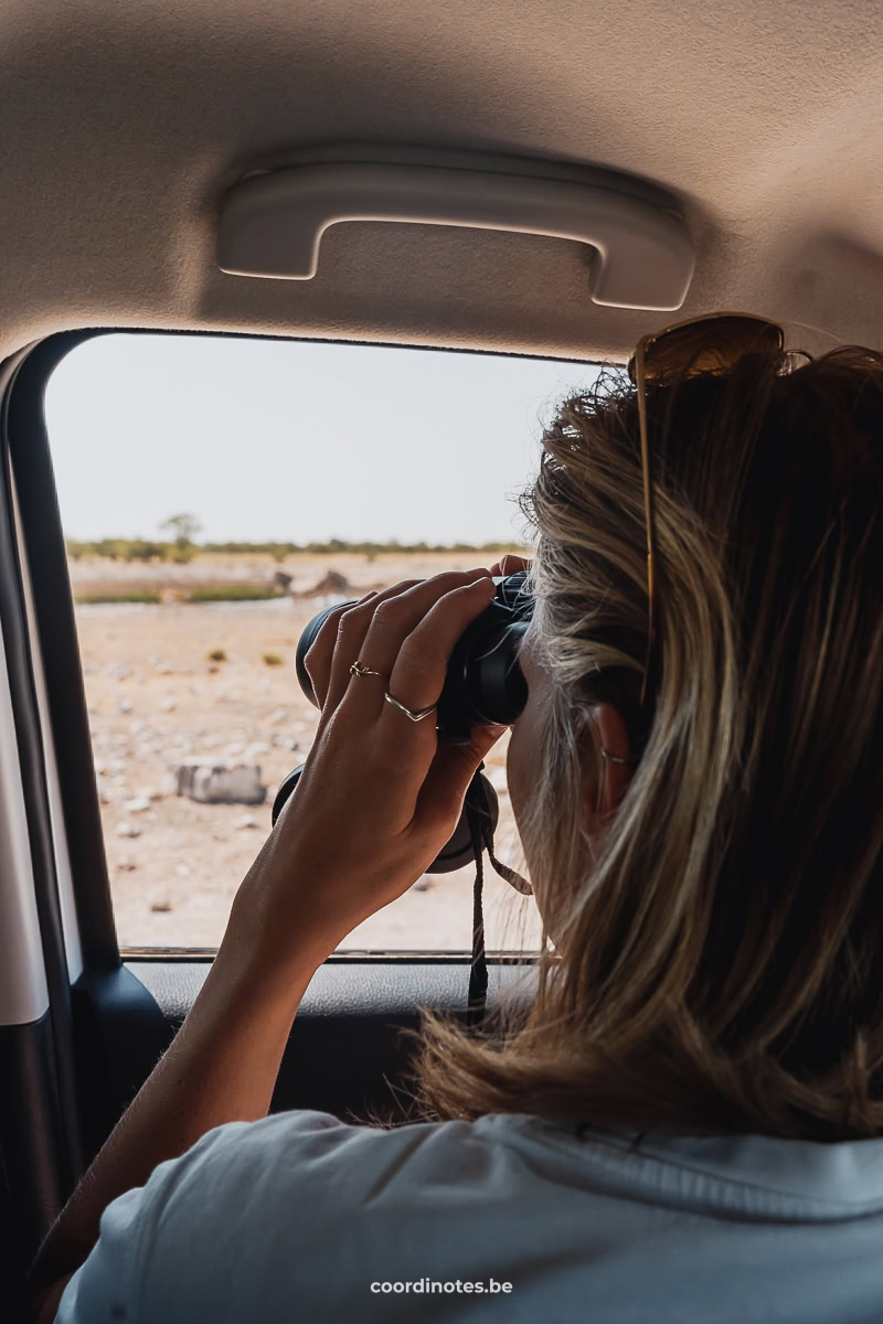 Sarah watching out of the car window through binoculars.