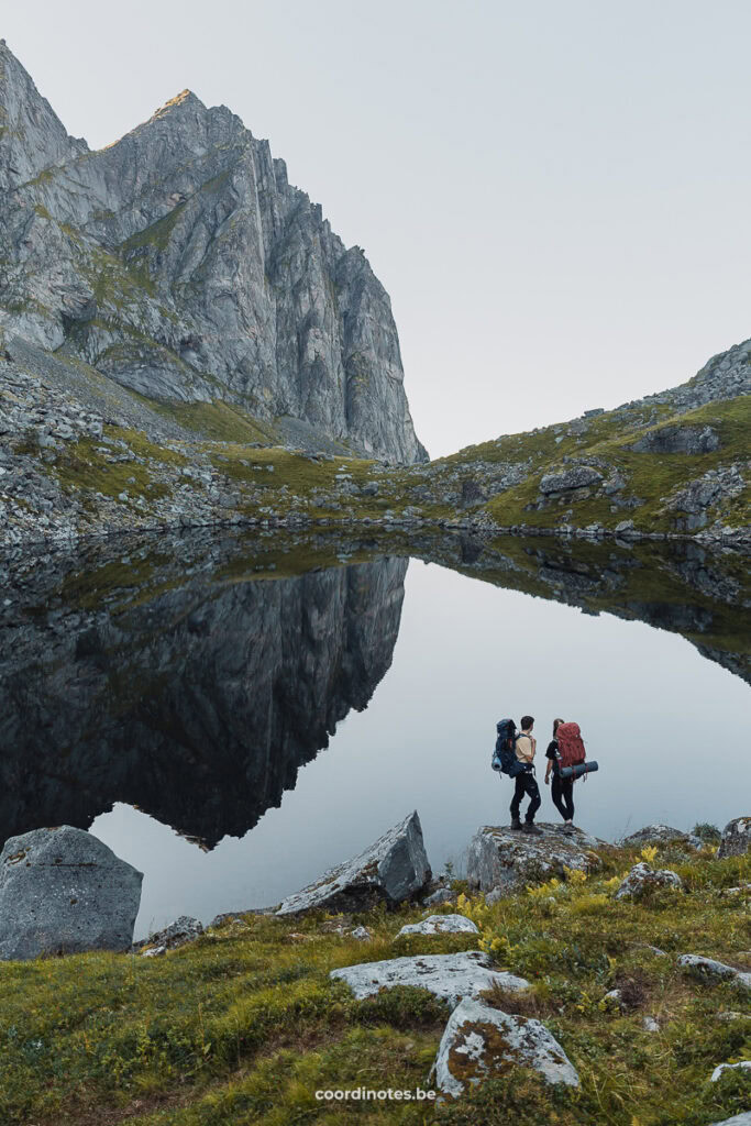 Reflections on a lake near Kvalvika Beach