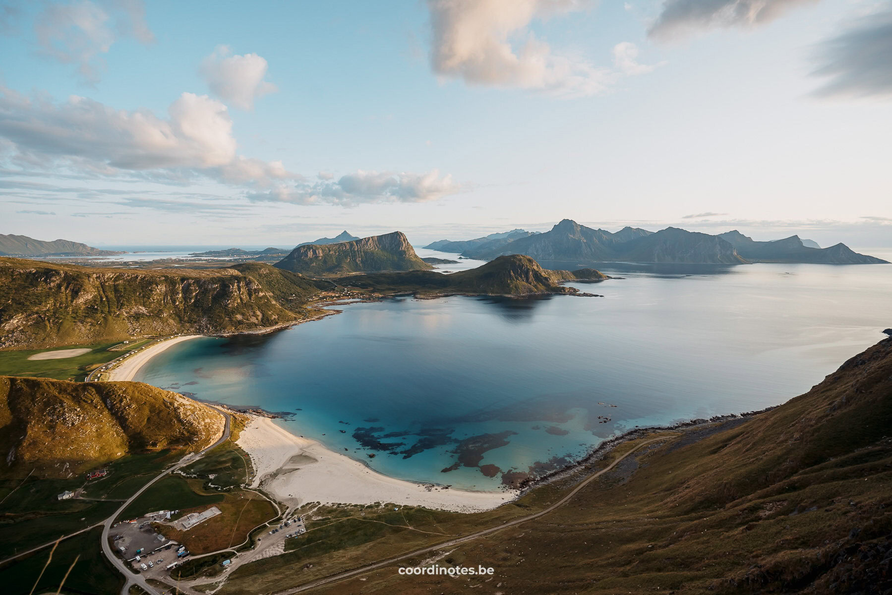 View on the beach and the sea surrounded by mountains from Mannen in Lofoten,