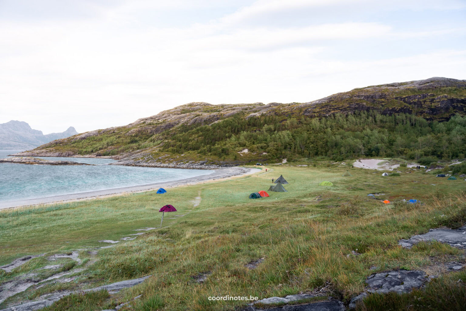 Coastal campsite with colorful tents on a grassy shore, rocky hills in the background and calm sea to the left.