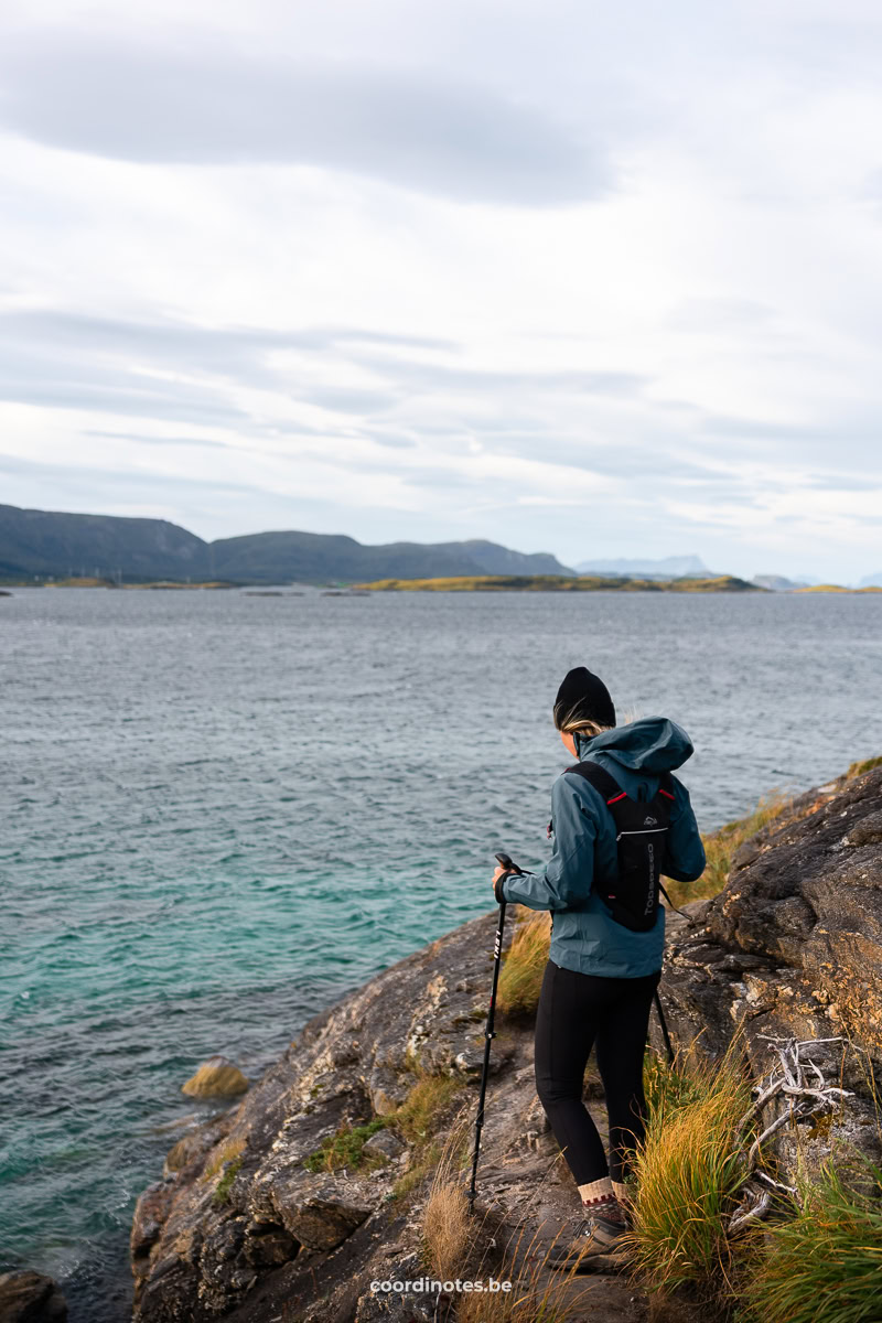 Hiker in a teal jacket with a backpack and trekking poles walks along a rocky coastal trail, looking toward the sea.