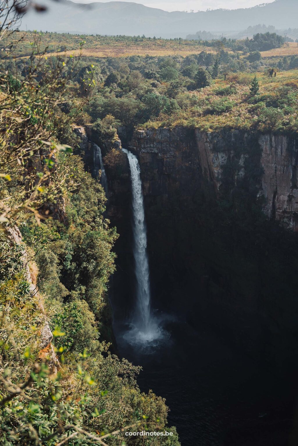 De MacMac Falls waterval die van een grote klif afstroomt omgeven door een weelderig groen landschap met bomen en struiken.