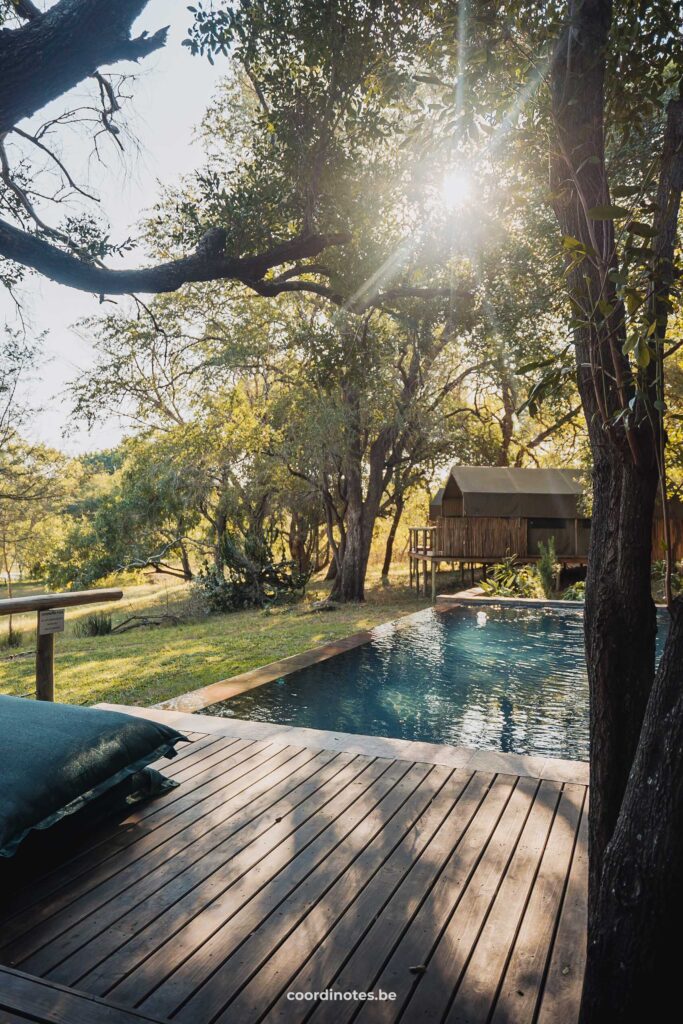 Een houten terras aan het zwembad van Rukiya Safari Camp tussen de bomen met de glamping tenten op de achtergrond