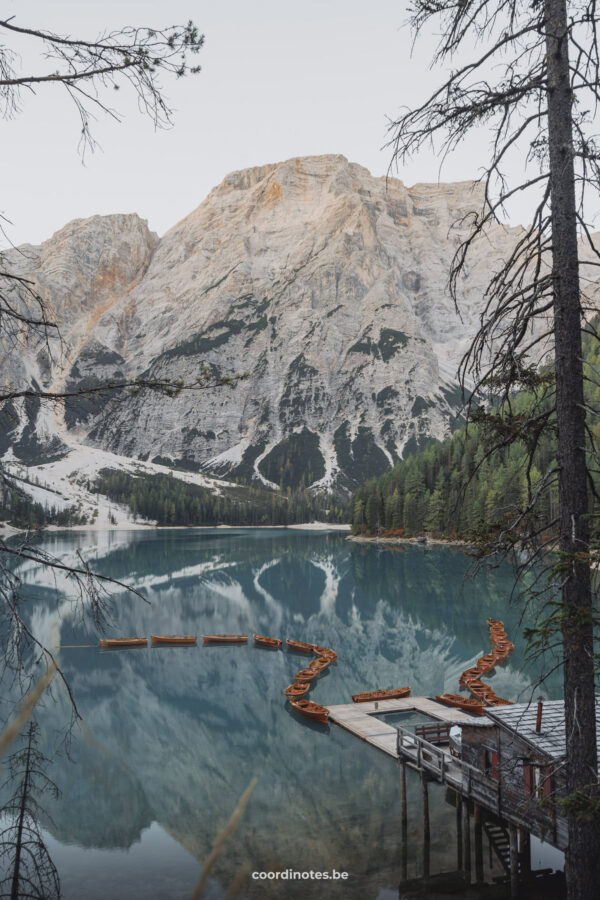 Lago di Braies or Pragser Wildsee in the Dolomites, Italy