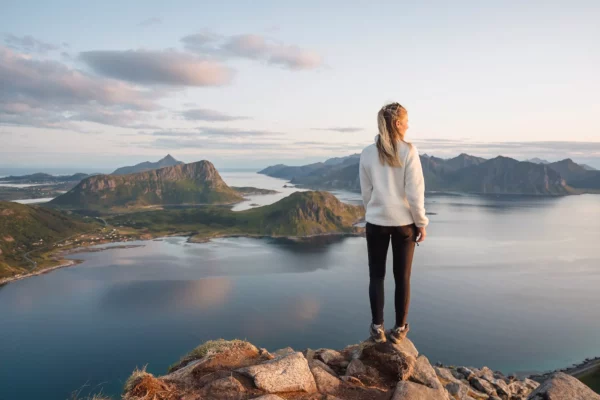 norway-MaSarah at a viewpoint on Mannen in Lofoten, Norwaynnen